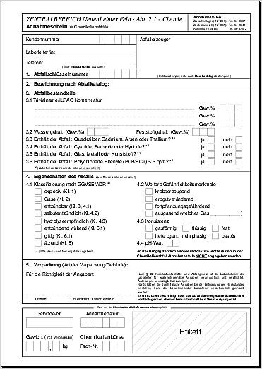 Annahmeschein für Chemikalienabfälle