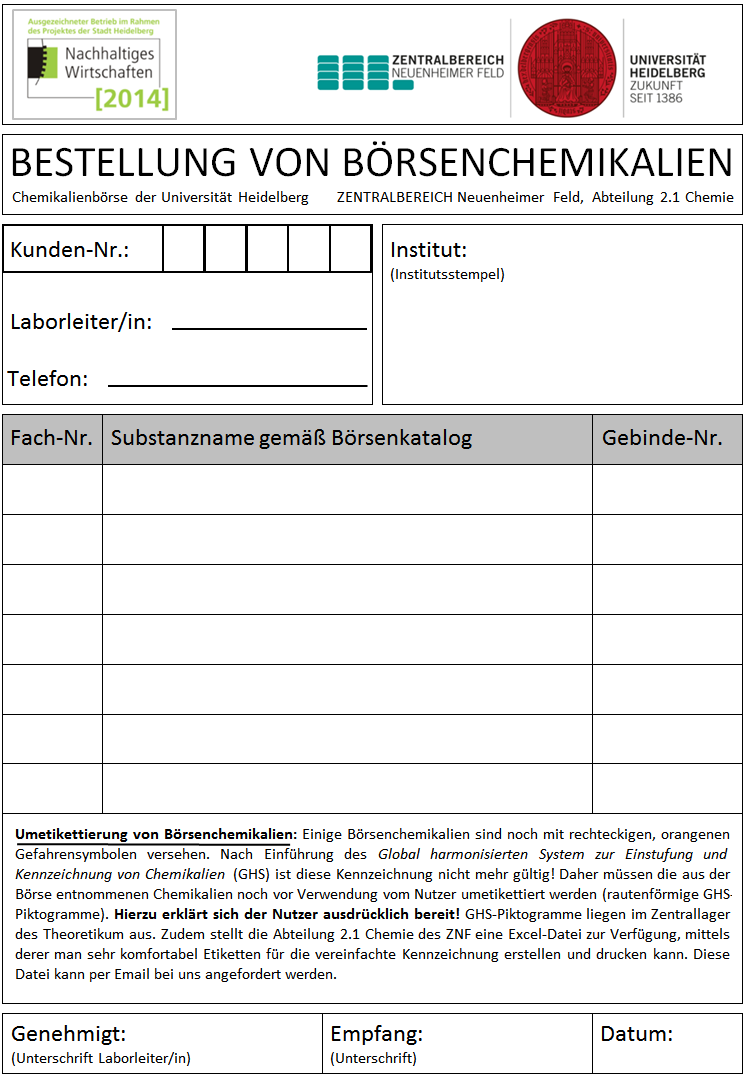 Annahmeschein für Chemikalienabfälle